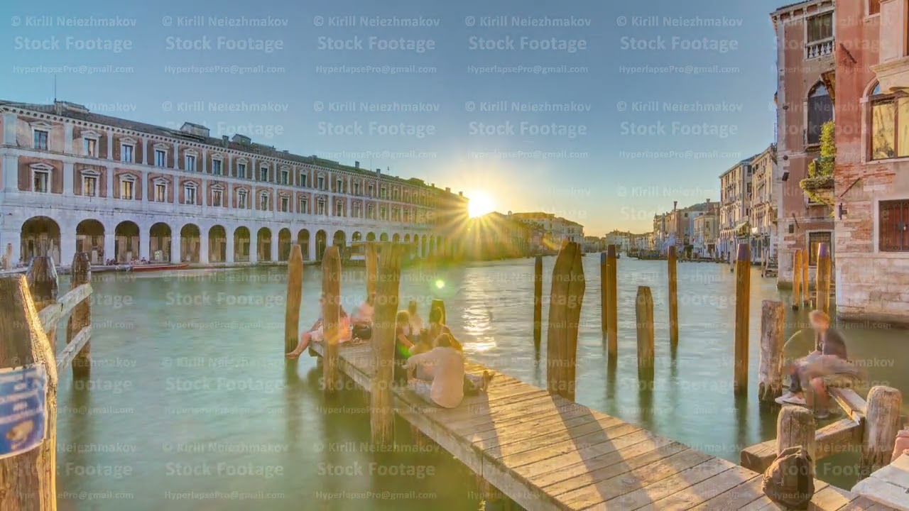 View of the deserted Rialto Market at sunset timelapse, Venice, Italy viewed from pier across the