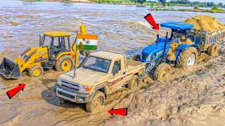 New Holland Tractor &amp; Bolero Pickup Muddy Accident Pulling Out JCB 5CX &amp; Toyota Pickup 4x4 | ZR Toys