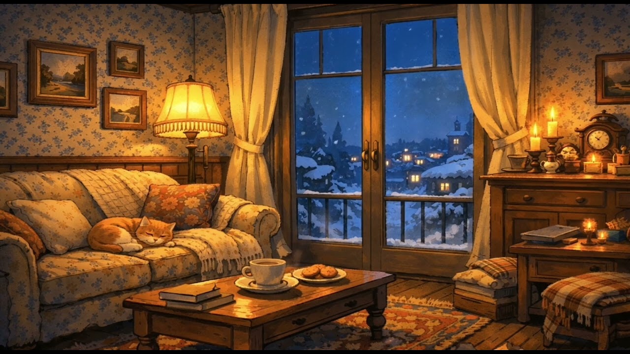 Cozy Winter Night with a Sleeping Cat 🕯️❄️ Soft Snowfall & Warm Vintage Ambience