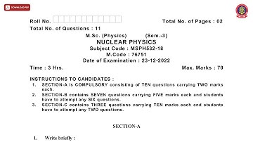 MSC 3RD SEM PHYSICS NUCLEAR PHYSICS DEC 2022 | PTU