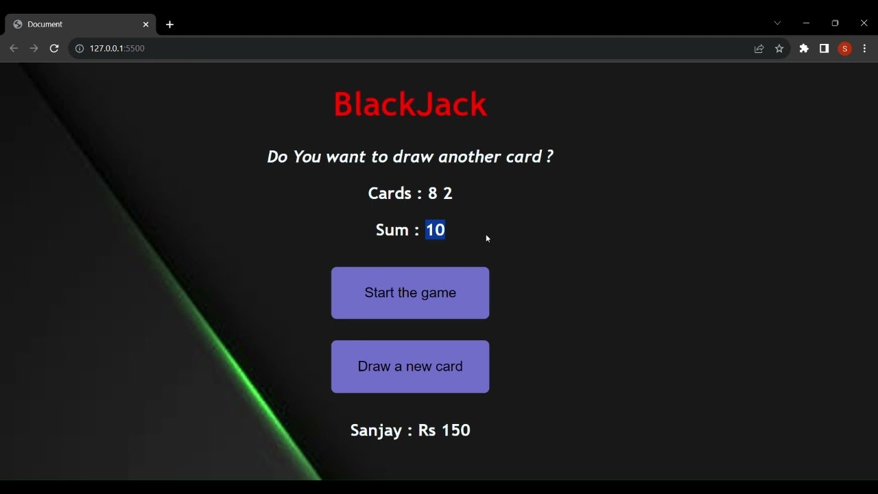 Blackjack card game implementation using javascript