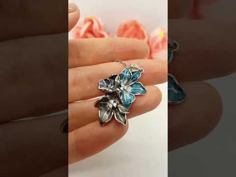 Срібне кольє кулон "квіти" на ланцюжку 925 емаль, цирконій, видео 1