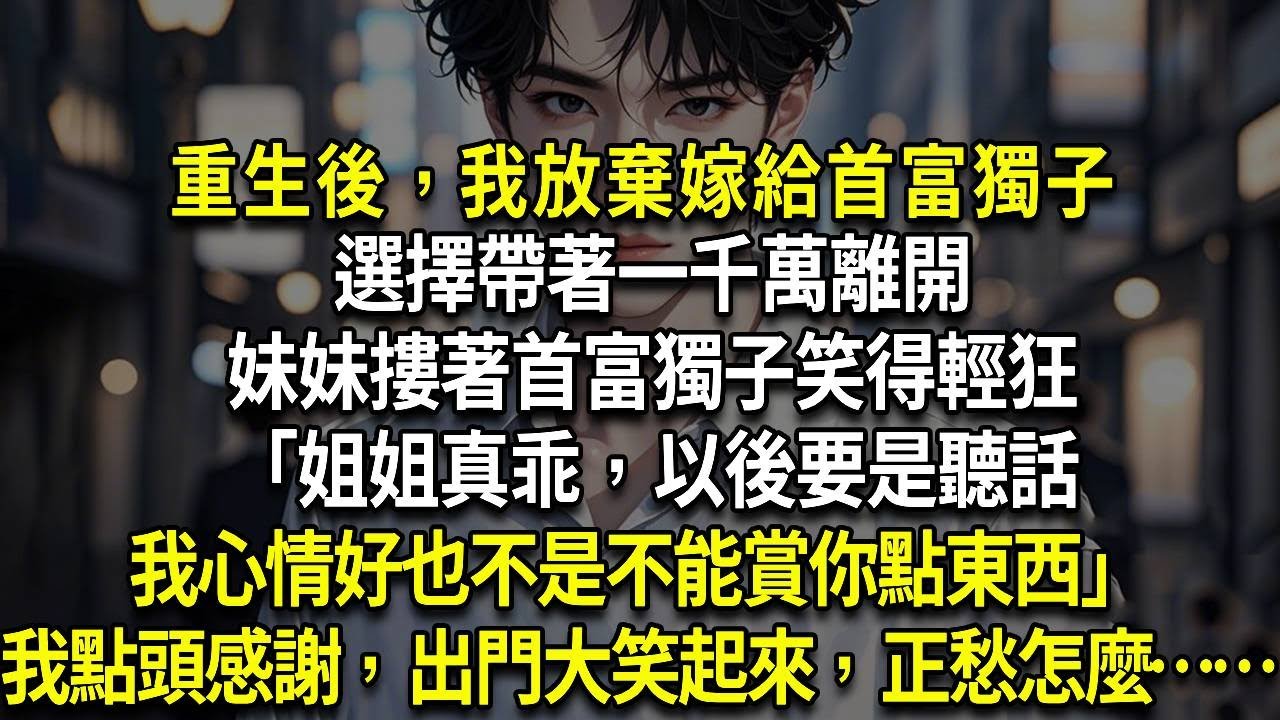 重生後，我放棄嫁給首富獨子，選擇帶著一千萬離開，妹妹摟著首富獨子笑得輕狂「姐姐真乖，以後要是聽話，我心情好也不是不能賞你點東西」我點頭感謝，一出門便大笑起來，正愁著怎麼……