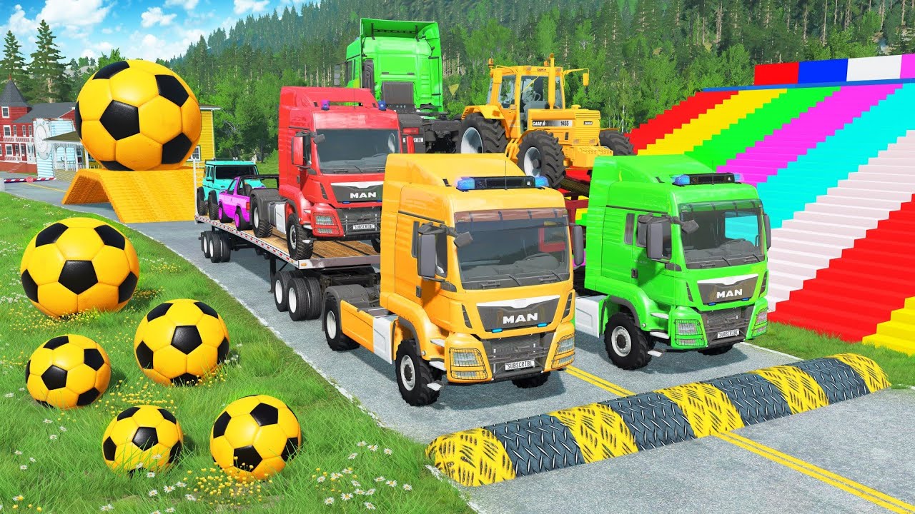 Flatbed Trailer McQueen Transportation with Truck - Speedbumps vs Cars vs Train - BeamNG.Drive 