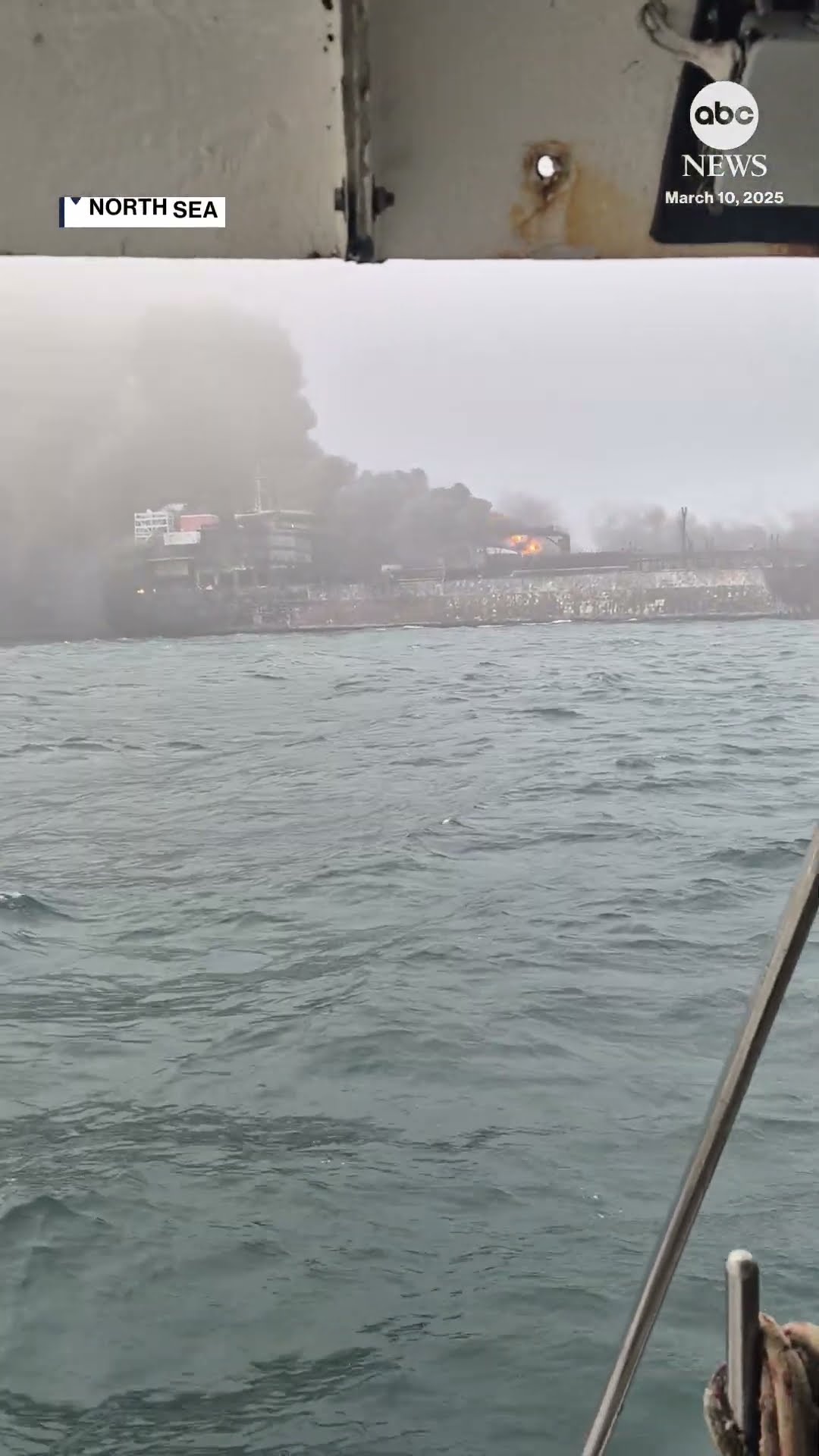Video shows fires aboard ships that collided in North Sea