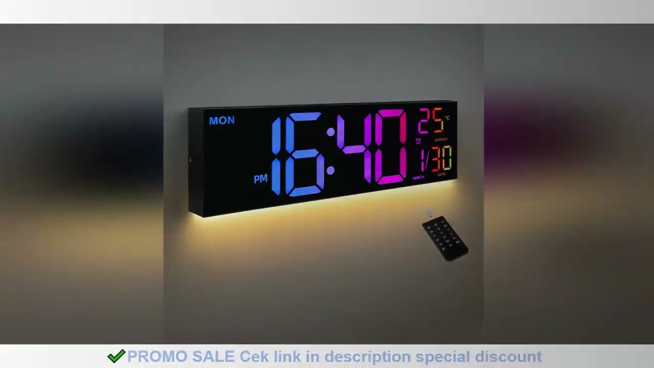 16" Large Digital Wall Clock, Big LED Display with Remote, 8 RGB Color, Alarm, DST, Temperature for