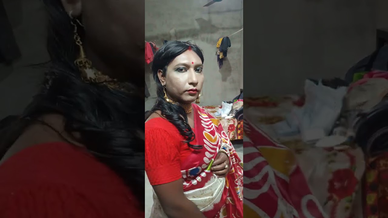 @male to female crossdressing in red off white saree