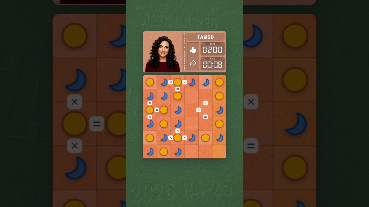 LinkedIn Tango #200 solved board for April 25, 2025, 6x6 grid