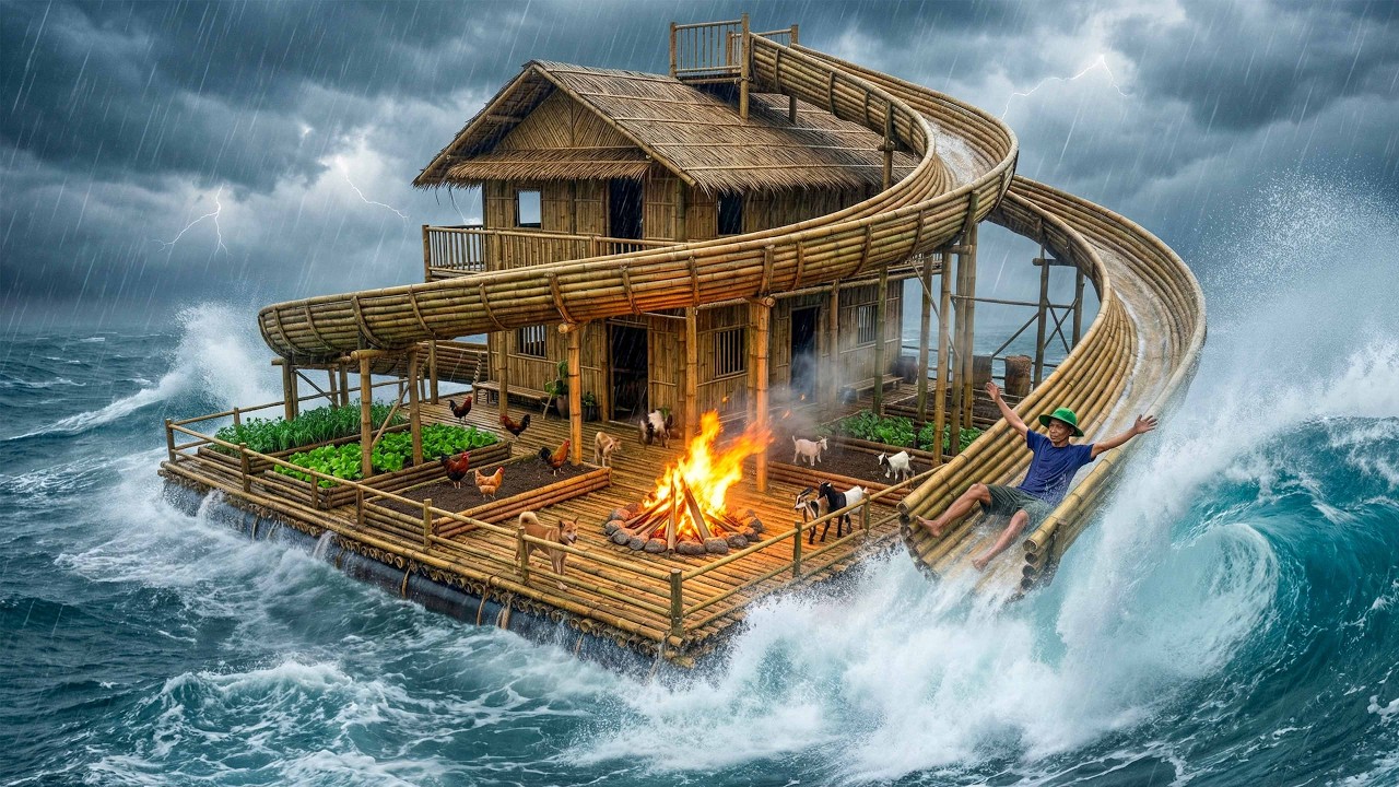 40 Days to Build a Bamboo House on Water with a Water Slide Using Only Basic Tools