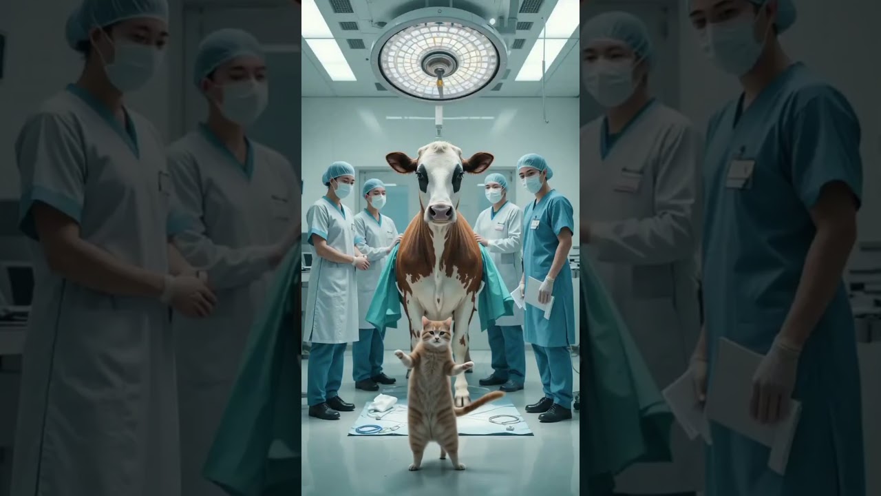 A cow is undergoing surgery in a modern hospital.