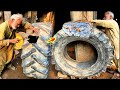 Hard working Old Man Repairing Big Tractor Tire Using Aluminium Mold |