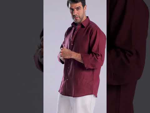 قميص كتان عنابي رجالي كم طويل قميص رجالي كتان قميص عنابي كاجوال رجالي