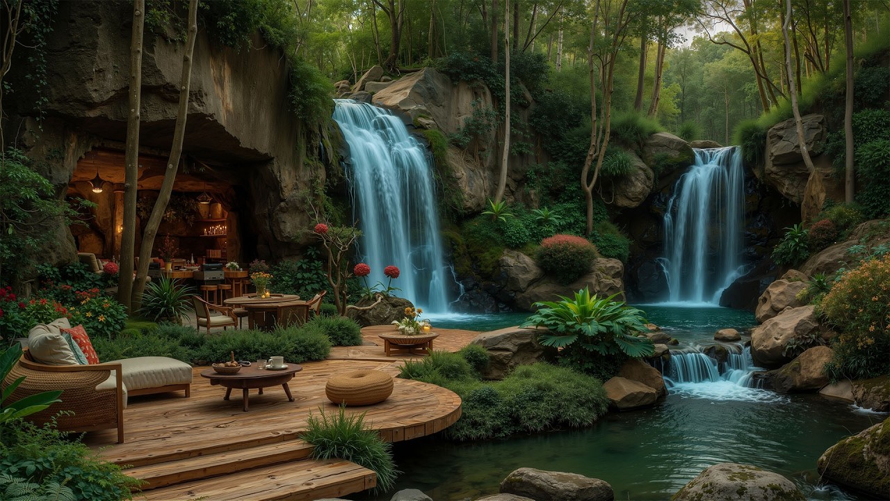 Tranquil Outdoor Coffee Jazz in the Forest Waterfall 🌿 Cozy Smooth Jazz & Nature Sounds for Relax