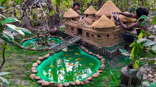 Building Castle Mud Cat House For kittens Abandoned With Red Fish Pond At Forest