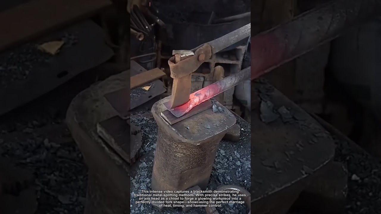  Blacksmith S Forging Technique Master Splits Red Hot Metal With Axe Hammer