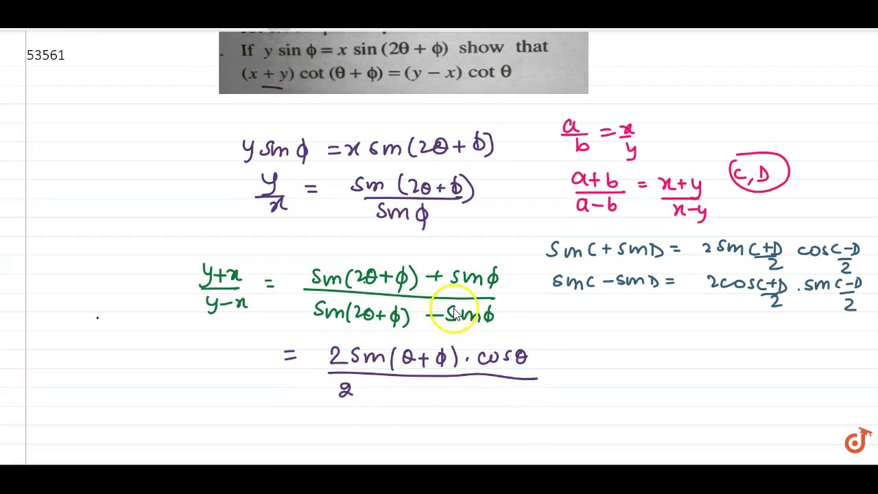 If Y Sinphi X Sin 2theta Phi Show That X Y Cot Theta Phi Y X Cot Theta Youtube