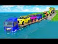Triple Flatbed Trailer McQueen Transportation with Truck - Speedbumps vs Cars vs Train - BeamNG #15
