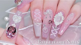 sub) Balletcore Nails🎀/🇰🇷Korean Nails / powder nails / nail art / self-nails / nail ASMR