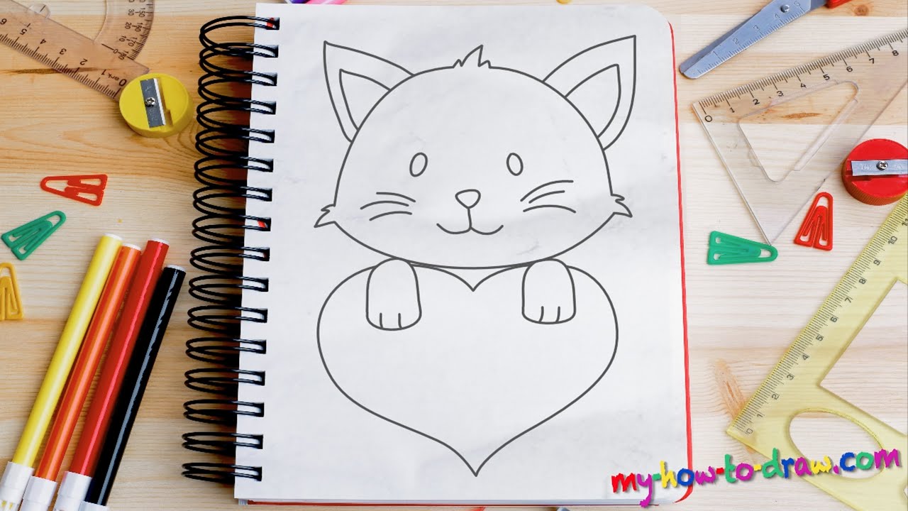 How to draw Cute Kittens with Love Hearts - Easy step-by-step drawing