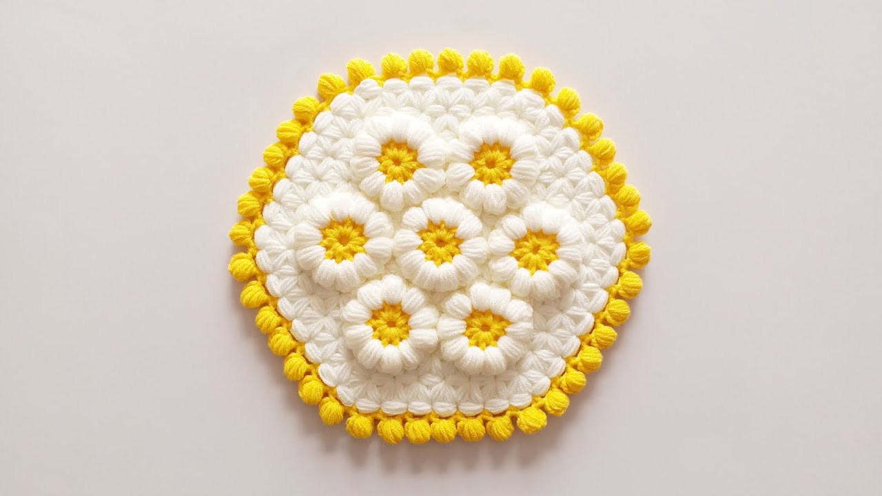 钩针编织，双层泡芙花桌垫，柔软厚实，钩织大的能当坐垫