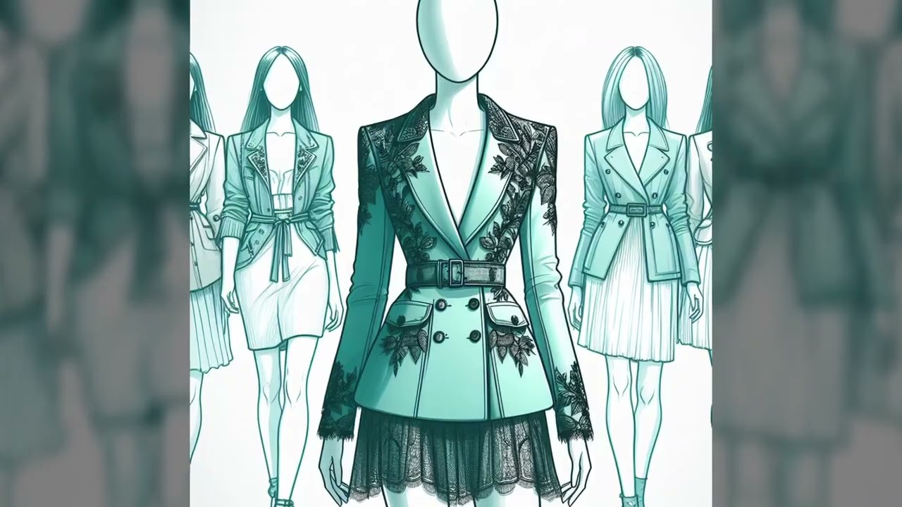 Fashion sketch blue dresses and suits - relaxing fashion inspiration and design, sketchbook