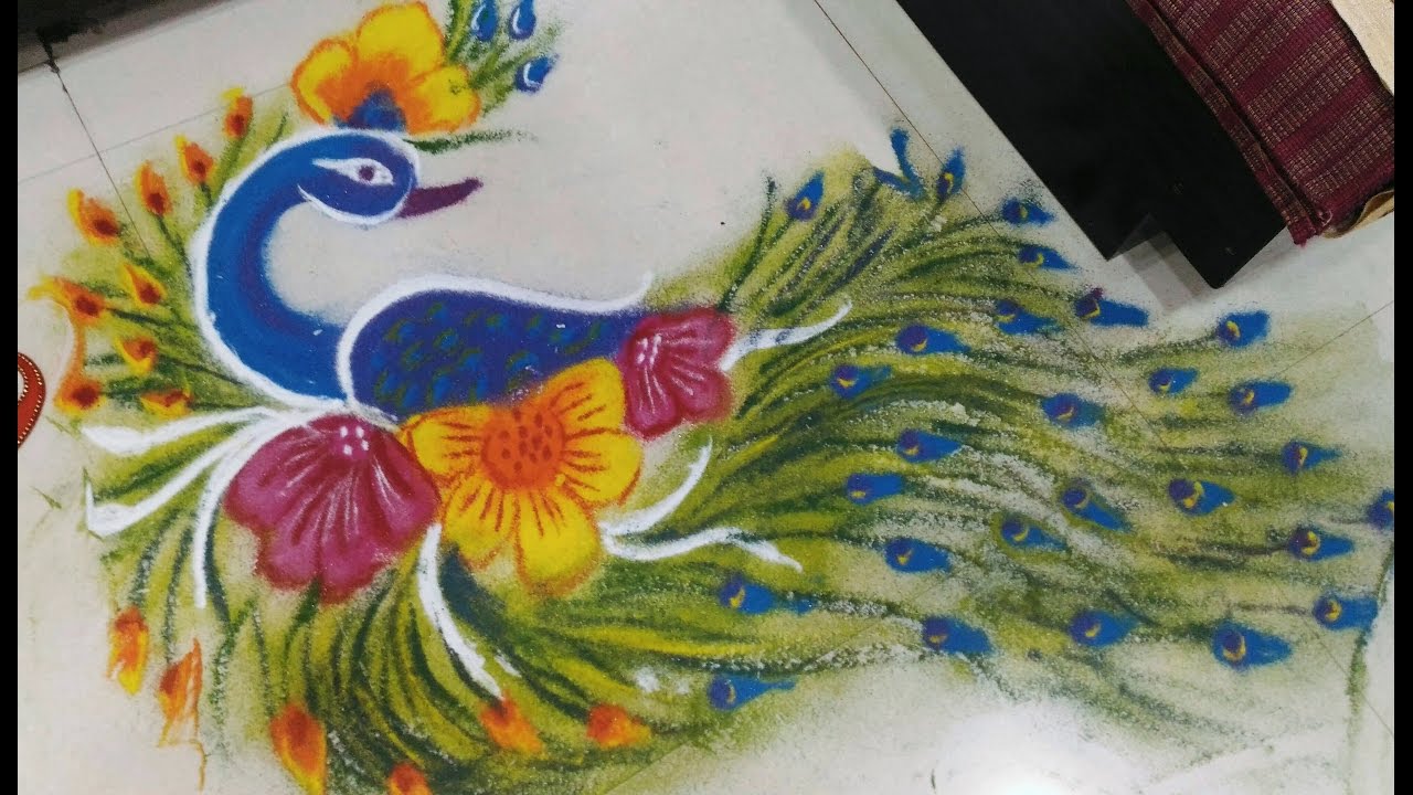 EASY PEACOCK RANGOLI DESIGN with colours for sankranti | pongal ...