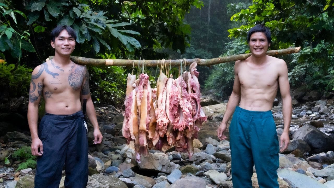 🪓🏹🔥Processing Wild Boar by the Stream 🪓🏹🔥 Smoked Meat for Long-Term Storage