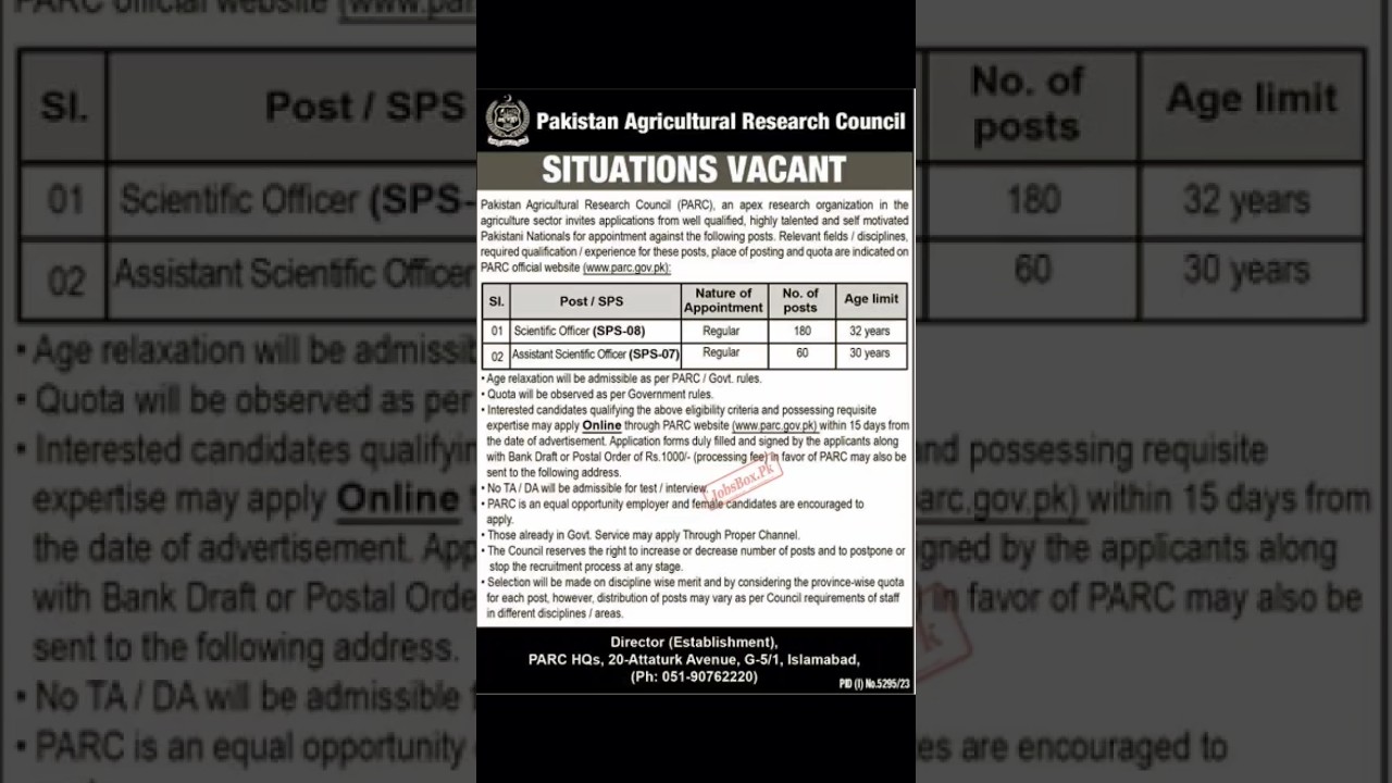 240 + jobs in Pakistan Agricultural Research council