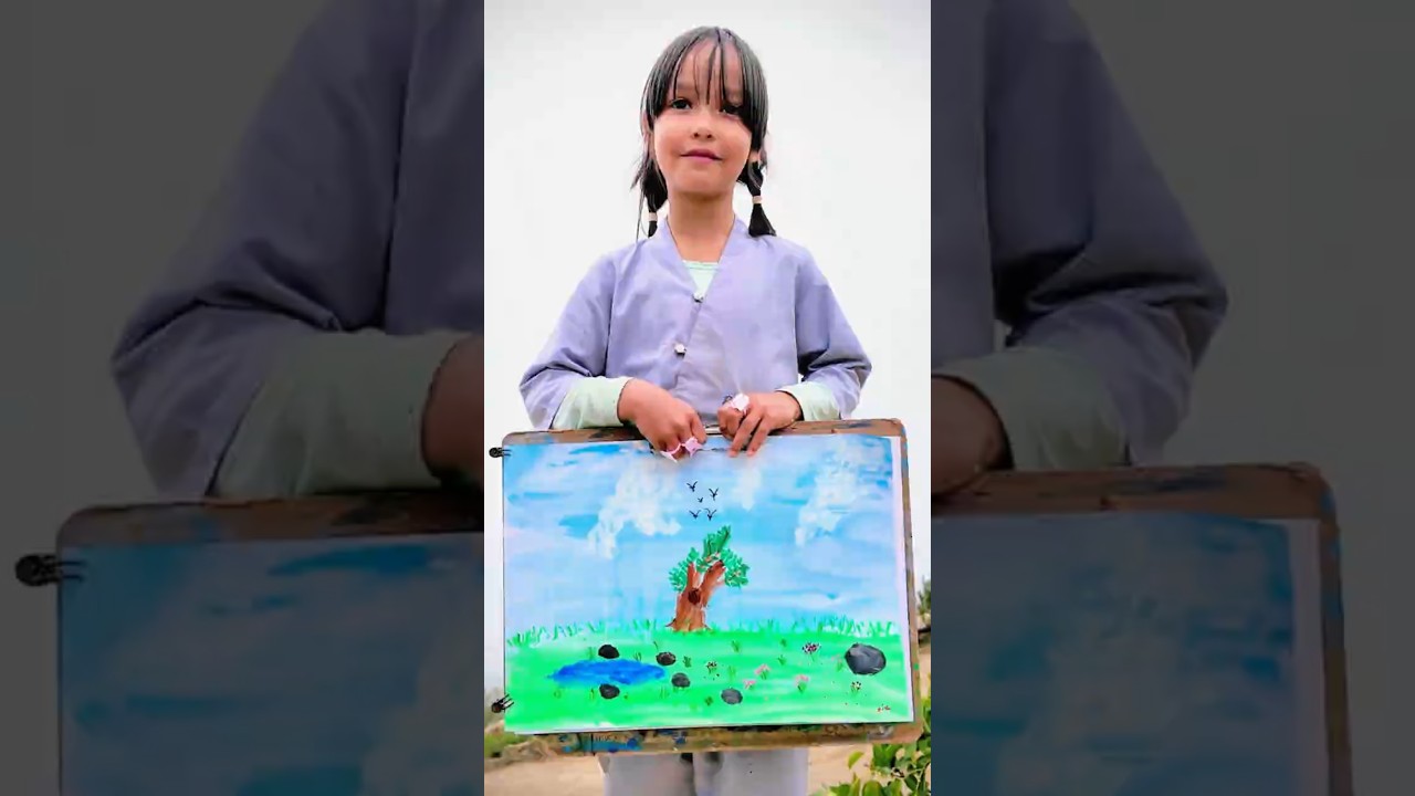Beautiful Nature Painting by 6-y/o Kid Artist Mia Mai | Easy Acrylic Art | Zen Art #Shorts