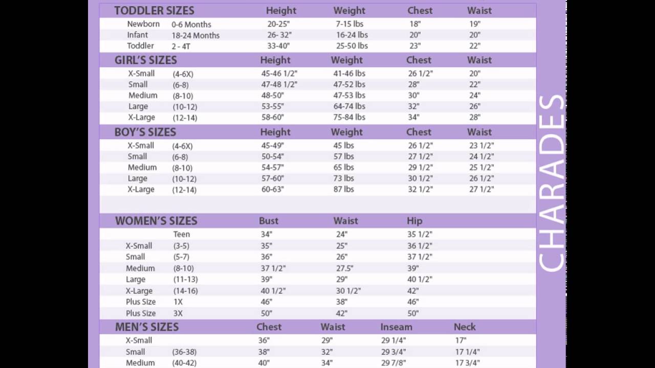 Costume Size Chart