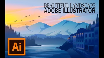 Beautiful vector landscape. A small town with mountain and lake on Illustrator.