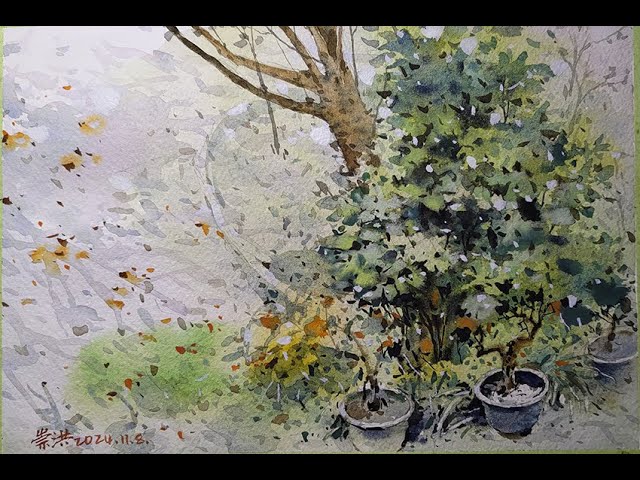 絵画「凍てつく朝」 水彩画 Morning sunshine filtering through trees - 木漏れ日の朝