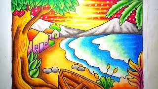 Mewarnai gradasi dengan crayon / Oilpastel : Pemandangan indah pantai | Drawing Beach Scenery