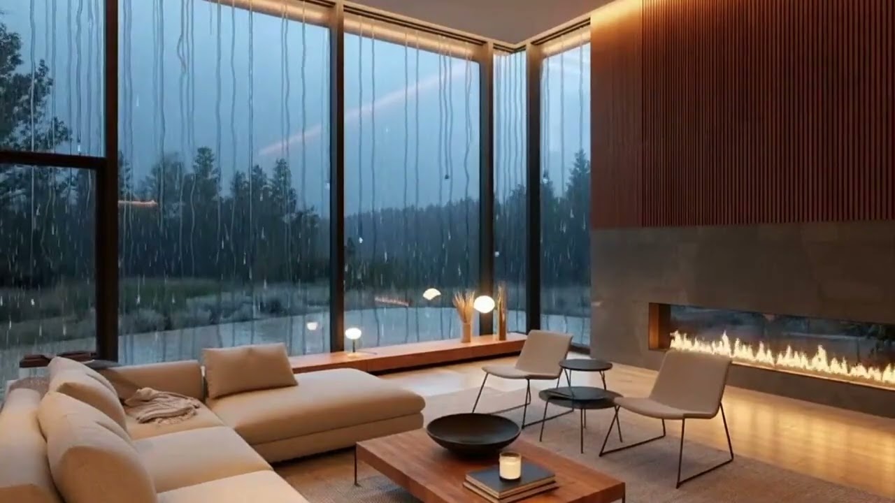 Luxury Rainfall Outside a Modern Glass Home | Calm Night Sleep Ambience