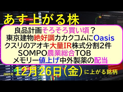 あす上がる株　2025年１２月２６日（金）に上がる銘柄。良品計画買い？東京建物好調。カカクコムOasis。クスリのアオキIR。ＳＯＭＰＯTOB。中外～最新の日本株情報。高配当株の株価やデイトレ情報～