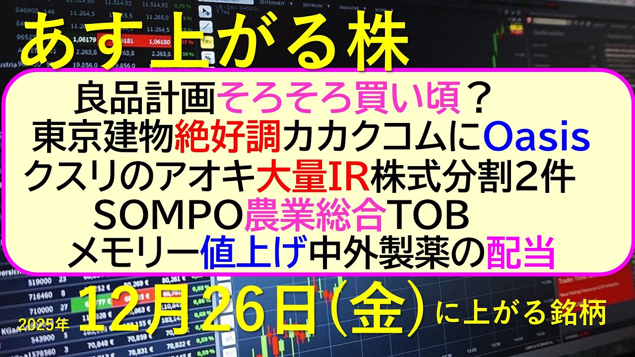 あす上がる株 2025年12月26日（金）に上がる銘柄。良品計画買い