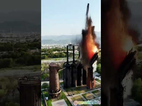 The Chimney Collapses With An Explosion Factory Blast Explosion Industries Workers 
