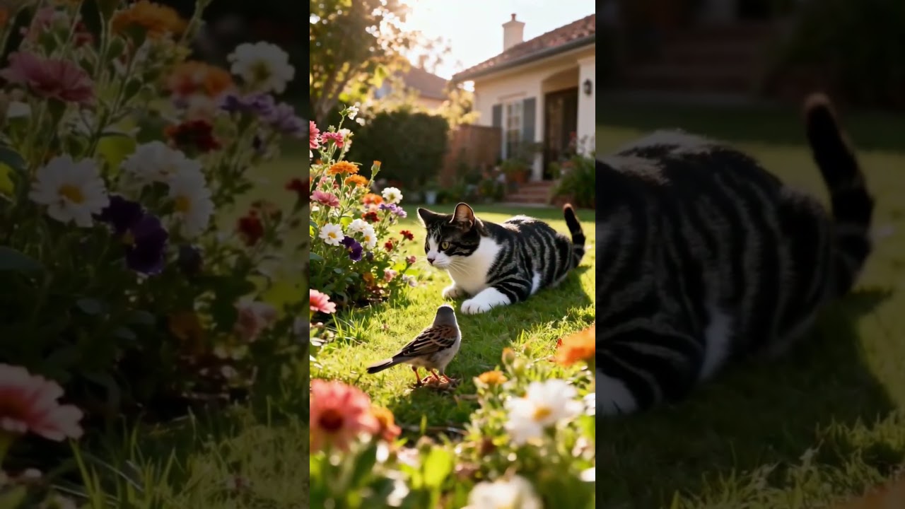 Curious Cat Meets a Sparrow in the Garden 🐱🐦 | Cute Cat Garden Video