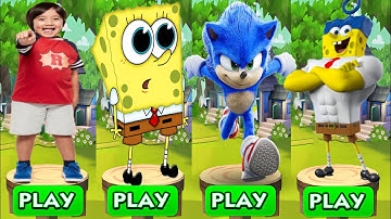 Sonic Dash vs Tag with Ryan vs SpongeBob Run - Movie Sonic vs All Bosses Run Gameplay