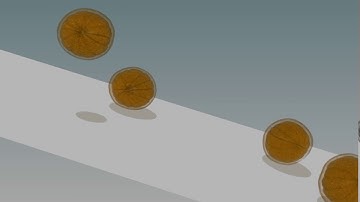 Deformable oranges bounce and roll on a plane.