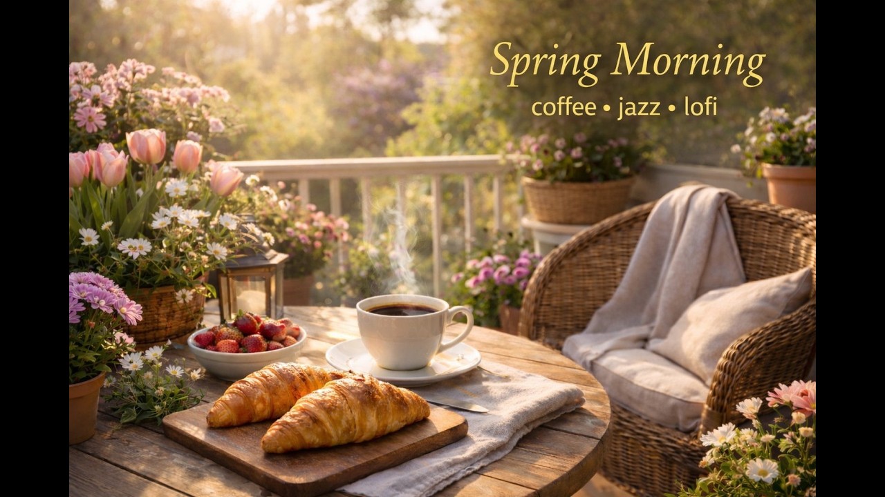 Relaxing Spring Coffee Terrace ☕ Soft Jazz & Morning Ambience - YouTube