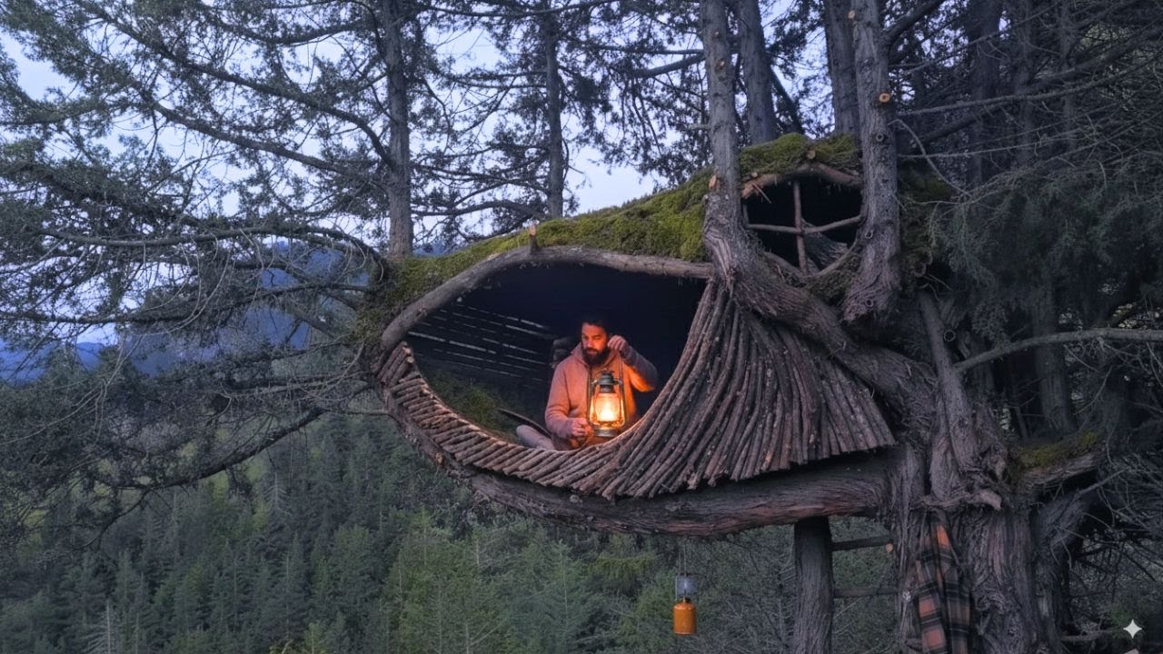 Building a Warm and Cozy NEST | Bushcraft tree house, Survival shelter ...