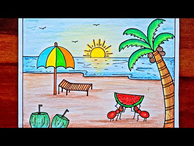 Summer Season Drawing Sketch | How to Draw Summer Season For kids | Sea  Beach Scenery - YouTube