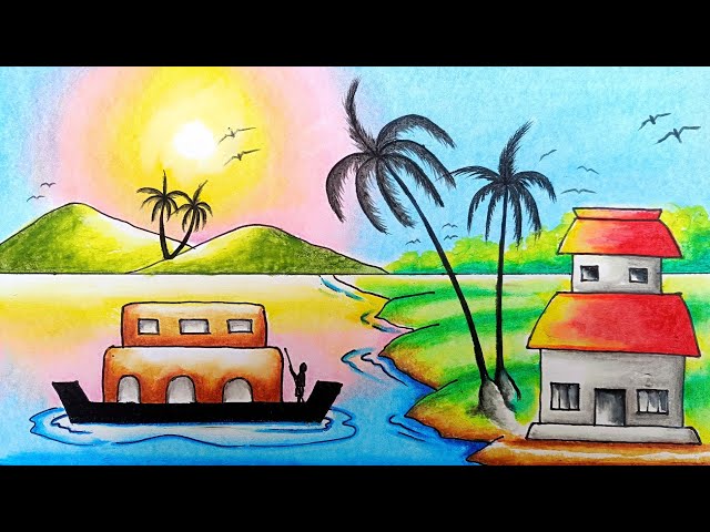 How to draw easy scenery drawing with beautiful landscape village scenery  drawing with pencil sketch - YouTube