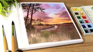 Watercolor painting idea open field and lake sunset landscape