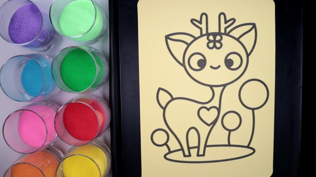 colour sand painting deer and learn English word