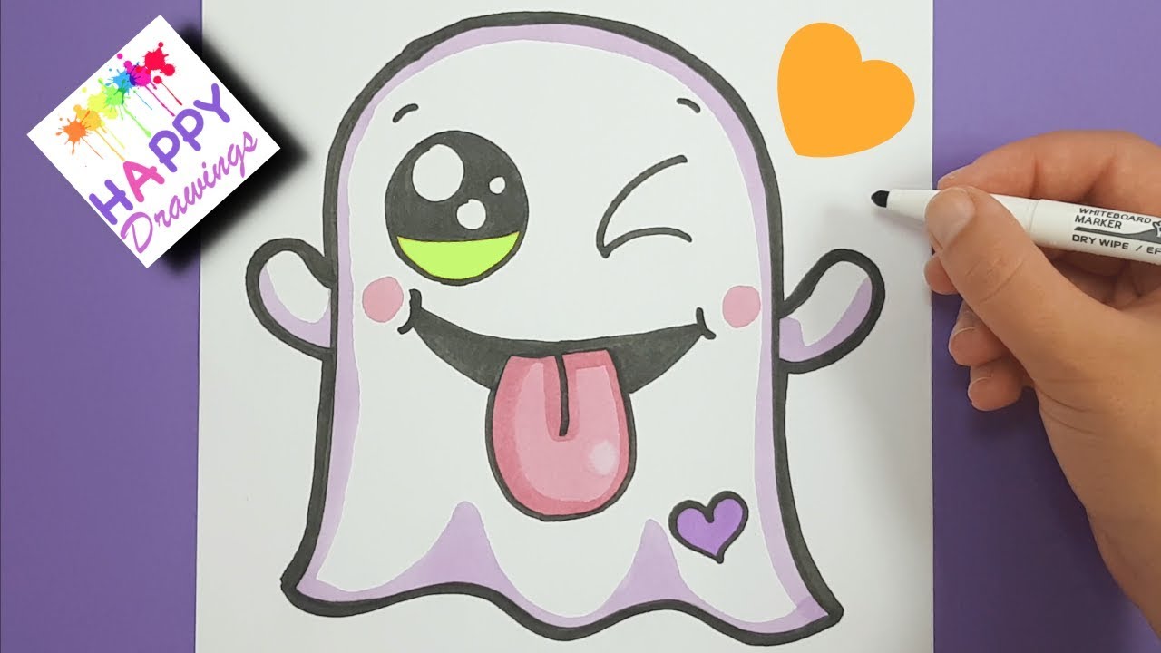 DRAWING + COLORING : How to draw a cute Halloween Ghost EMOJI - YouTube