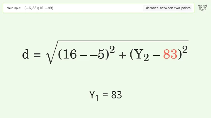 Find the distance between two points p1 (-5,83) and p2 (16,-99): Step-by-Step Video Solution