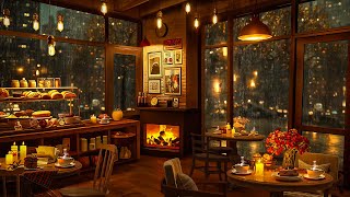 Relaxing Jazz Instrumental Music \u0026 Crackling Fireplace in Cozy Coffee Shop Ambience on a Rainy Night