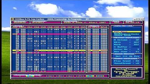 My Dos-Music Editor (tracker) running under Dosbox. Song Klatmix. (OPL3)